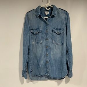 True Religion Sz M Military Utility Distressed Chambray Shirt